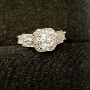 Silver cushion cut Victorian style solitaire ring, size 7.